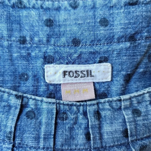 Fossil Blue Denim Jeans Shift Dress Lined Pleated Neck Women's Sz Medium - Picture 5 of 10